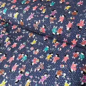 Japanese fabric, traditional little girls pattern, dark grey-blue background, cotton 110x50 (367A)