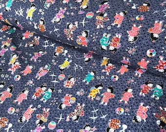 Japanese fabric, traditional little girls pattern, dark grey-blue background, cotton 110x50 (367A)