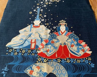 Tissu japonais, motif traditionnel, fond bleu marine, coton, panneau 110x50 (324C)