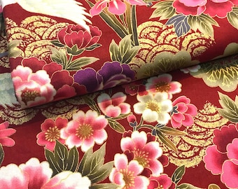 Tissu japonais, motif traditionnel Grue, fond rouge, coton 110cmx50cm (295D)