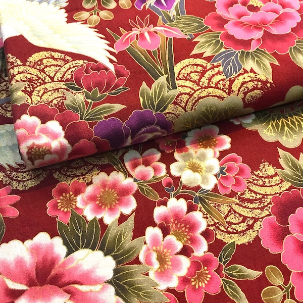 Tissu japonais, motif traditionnel Grue, fond rouge, coton 110cmx50cm (295D)