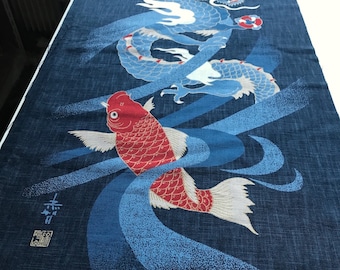 Japanese fabric, traditional CARP and DRAGON pattern, navy blue background, cotton, 110x50 panel (324A)