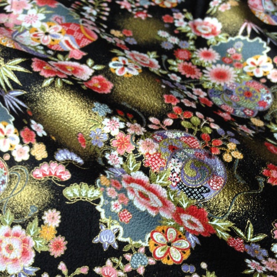 Japanese Fabric Flowers Black Background Cotton 110 X 50 Etsy