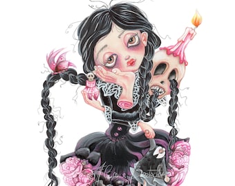 Little girl Wednesday Pop surrealism, Original Drawing by Florence Bretécher