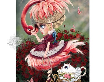 Alice pink flamingo on roller among the roses of wonderland, digital illustration pop surrealism by Florence Bretécher