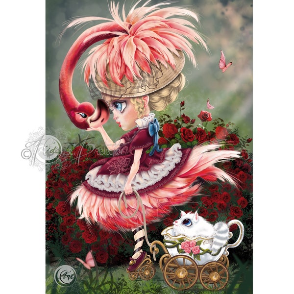 Alice flamant rose à patins à roulettes au pays des merveilles, illustration digitale pop surréalisme de Florence Bretécher