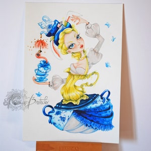 May include: A watercolor painting of a whimsical character dressed in a blue and white teacup dress with a teapot bodice. The character has blonde hair, blue eyes, and is wearing a hat with a white rabbit ear and a playing card. The character is holding a teacup and a flamingo.