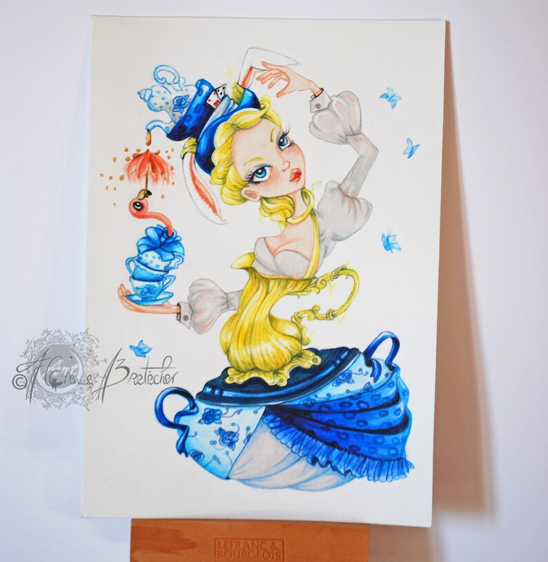 May include: A watercolor painting of a whimsical character dressed in a blue and white teacup dress with a teapot bodice. The character has blonde hair, blue eyes, and is wearing a hat with a white rabbit ear and a playing card. The character is holding a teacup and a flamingo.
