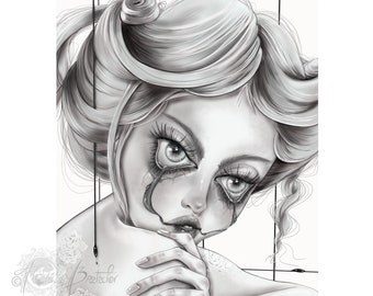 Black and white portrait of a crying woman, digital illustration pop surrealism by Florence Bretécher