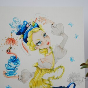 May include: Watercolor illustration of a whimsical Alice in Wonderland character with a blue and white hat, a white rabbit, and a flamingo holding a stack of teacups. The character is wearing a yellow and white dress and has blonde hair. The background is white with blue butterflies.