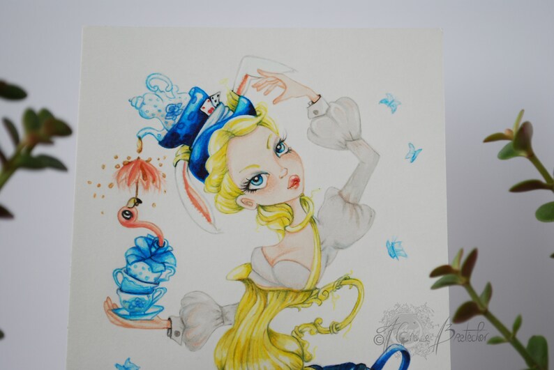 May include: Watercolor illustration of a whimsical Alice in Wonderland character with a blue and white hat, a white rabbit, and a flamingo holding a stack of teacups. The character is wearing a yellow and white dress and has blonde hair. The background is white with blue butterflies.