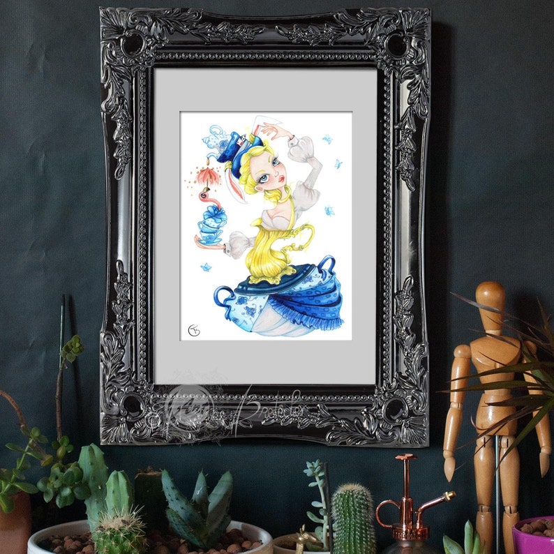 May include: A watercolor illustration of a woman wearing a blue and white teacup dress and a hat with a bird on top. She is holding a teacup and saucer in her hand and there are butterflies flying around her.