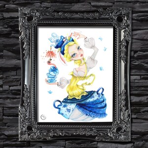 May include: A whimsical illustration of a woman dressed in a blue and white teacup dress with a teapot hat. She is holding a flamingo and a teacup. The background is white with blue butterflies.