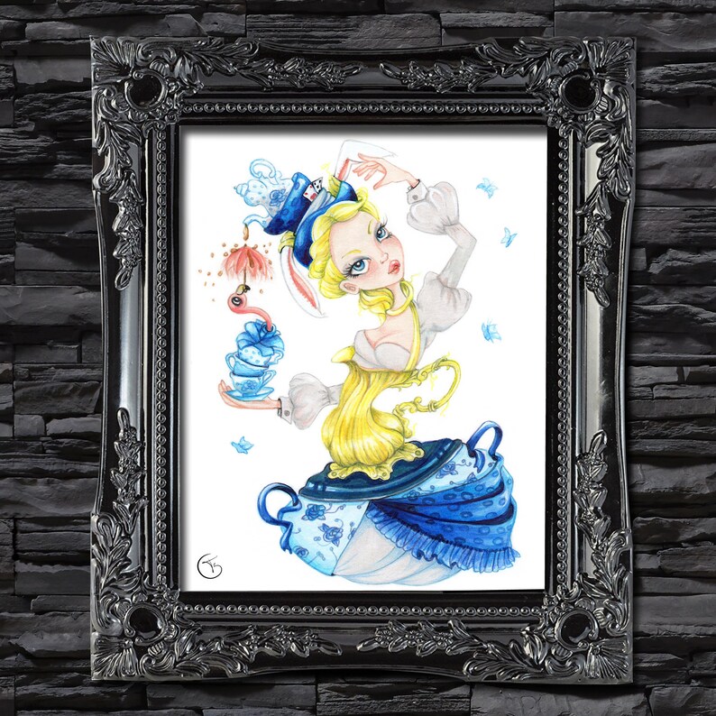 May include: A whimsical illustration of a woman dressed in a blue and white teacup dress with a teapot hat. She is holding a flamingo and a teacup. The background is white with blue butterflies.