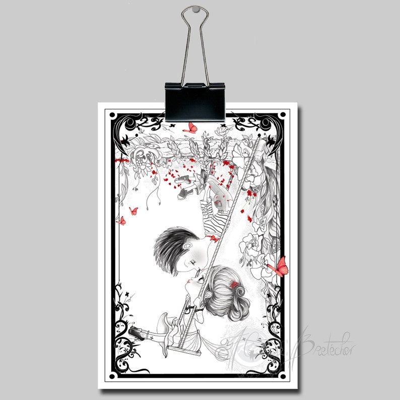 Madeline et Antonin Cadeaux Saint Valentin Pop surréalisme Impression d'art Illustration noir et blanc,chambre d'enfants,décoration murale image 7