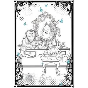 May include: A black and white line drawing of a girl sitting at a dressing table with a cat. The girl is looking in a mirror and brushing her hair. There are butterflies and flowers in the background.