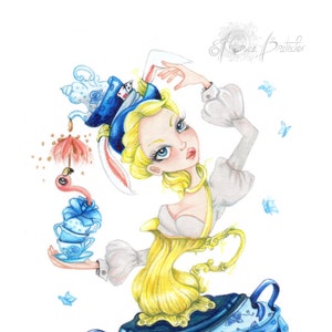 May include: A whimsical illustration of a woman dressed as the Mad Hatter from Alice in Wonderland. She is wearing a blue and white hat with a white rabbit ear, a yellow dress, and a teapot for a body. She is holding a stack of teacups and a flamingo.