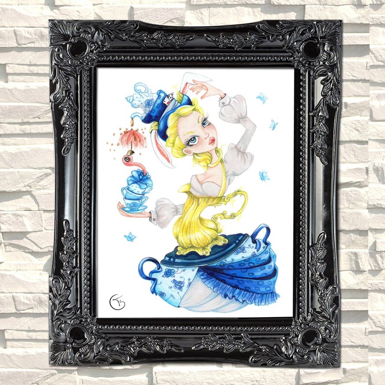 May include: A watercolor illustration of a woman with blonde hair wearing a blue and white dress and a hat with a white rabbit on top. She is holding a teacup and a teapot. The background is white.