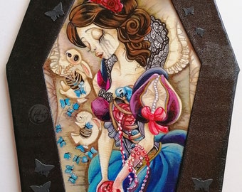 Snow White Halloween pop surrealism, framed drawing coffin in eco-responsible paper by Florence Bretécher