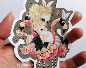 Handmade sticker the wonderful world of Madeline, pop surrealism tea time and pink flamingos