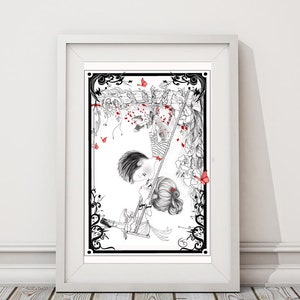 Madeline et Antonin Cadeaux Saint Valentin Pop surréalisme Impression d'art Illustration noir et blanc,chambre d'enfants,décoration murale image 6