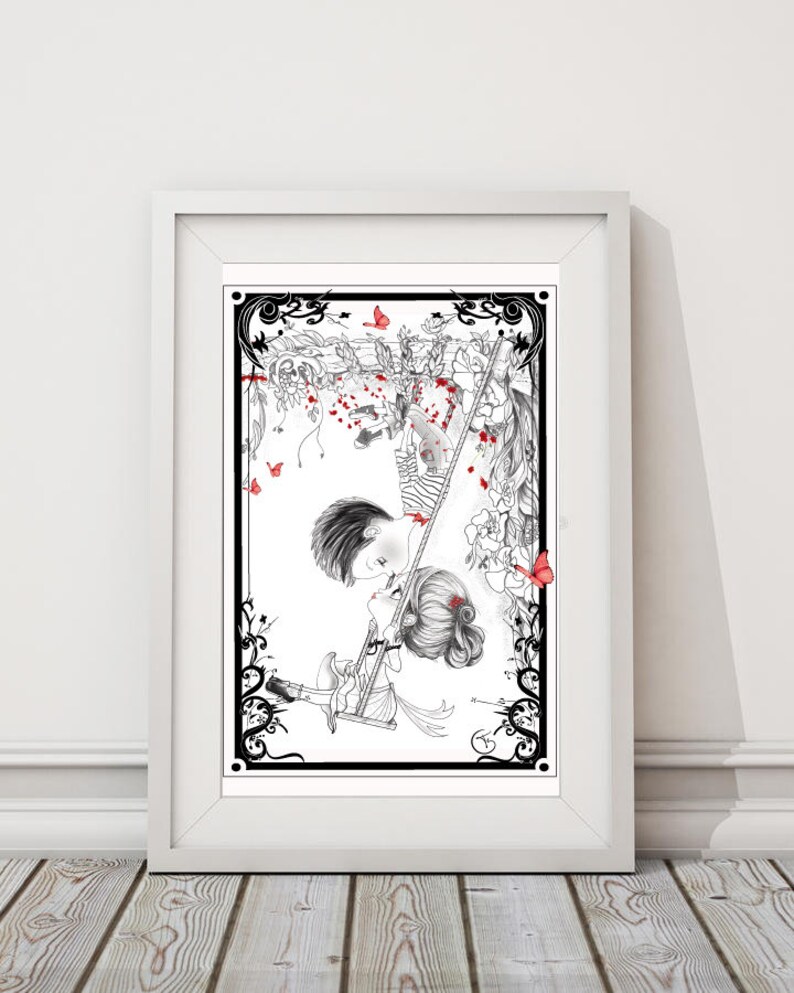 Madeline et Antonin Cadeaux Saint Valentin Pop surréalisme Impression d'art Illustration noir et blanc,chambre d'enfants,décoration murale image 6