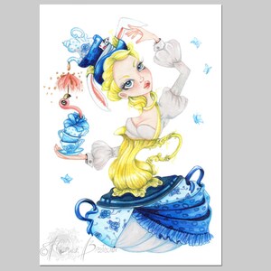 May include: A whimsical illustration of a woman with blonde hair wearing a blue and white teacup hat and a yellow and white dress. She is holding a stack of teacups and a teapot is pouring tea from her hat. The background is white with blue butterflies.