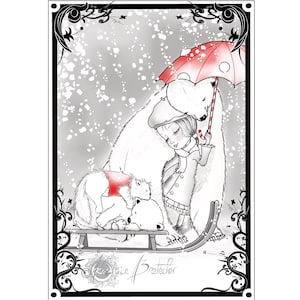 Noël Madeline impression d’art,chambre d'enfants,carte de noël,illustration art,neige et ours blancs, tendresse, décoration murale