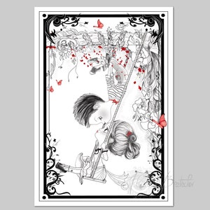 Madeline et Antonin Cadeaux Saint Valentin Pop surréalisme Impression d'art Illustration noir et blanc,chambre d'enfants,décoration murale image 3