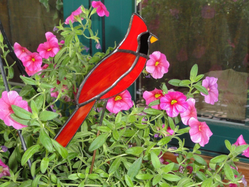 Cardinal Plant Stake Stained Glass