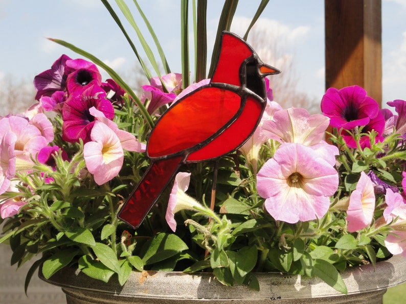 Cardinal Plant Stake Stained Glass