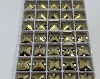 Square glass rhinestone sew-on beads - GOLD - from 12mm to 22mm - Swarovski quality