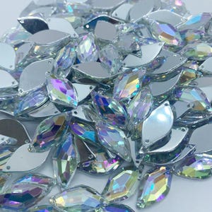 Acrylic rhinestone leaf sew-on straight hole - AB mother-of-pearl - 5x11mm, 8x16mm, 10x20mm, 12x25mm