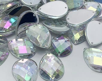 Cuentas acrílicas con forma de lágrima para coser, con patrón de cuadrícula y orificio recto - AB NACRE - 6 mm a 30 mm