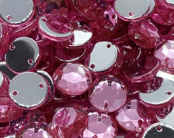 Diamantes de imitación acrílicos rosa claro, redondos y facetados, para coser - 6 mm a 10 mm - 2 agujeros - Costura