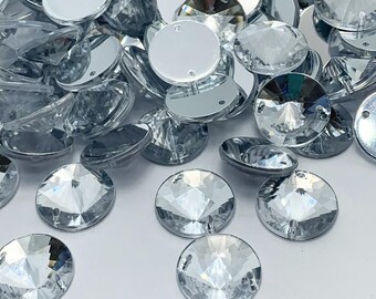 Piedras acrílicas facetadas redondas RIVOLI para coser - CRISTAL - 8mm a 18mm - 2 agujeros - Costura