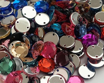 Piedras acrílicas MULTICOLOR para coser redondas facetadas - 6mm a 10mm - 2 agujeros - Costura