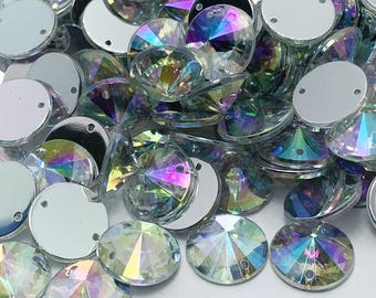 Piedras acrílicas facetadas redondas RIVOLI para coser - AB NACRE - 8mm a 18mm - 2 agujeros - Costura