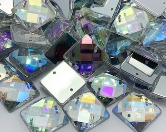 Piedras acrílicas cuadradas para coser, patrón de cuadrícula, agujero recto - AB NACRE - 8 mm a 25 mm