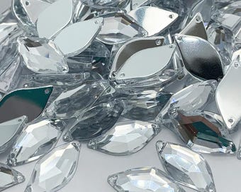 HOJA de diamantes de imitación acrílicos para coser con agujero recto - CRISTAL - 5 x 11 mm, 8 x 16 mm, 10 x 20 mm, 12 x 25 mm