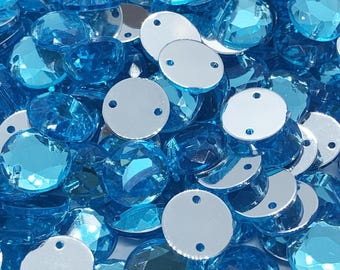 SKY BLUE acrylic rhinestones to sew on round faceted - 6mm to 10mm - 2 holes - Sewing