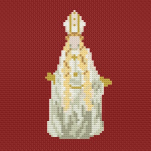 May include: A white figure wearing a white robe and a white mitre with gold accents. The figure is standing on a red background.