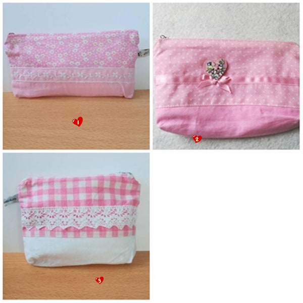 Trousse écolier ou pochette rose avec dentelle et ruban