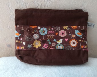 brown cotton pencil case with flower and bird patterns