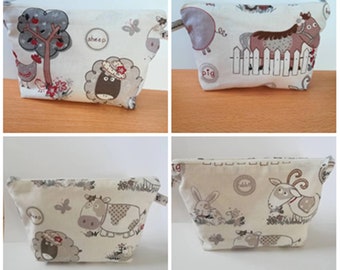 Pochette , trousse en tissu coton motifs animaux de la ferme