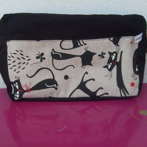 trousse de toilette en tissu coton beige et noir avec chat image 1