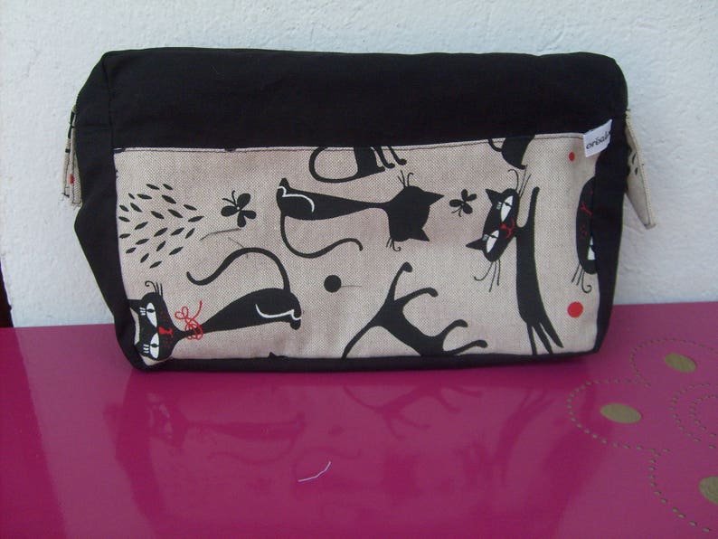 trousse de toilette en tissu coton beige et noir avec chat image 1