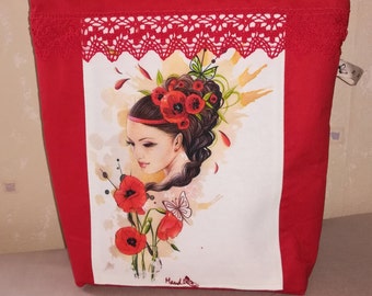 pochette tissu coton avec image femme aux coquelicot