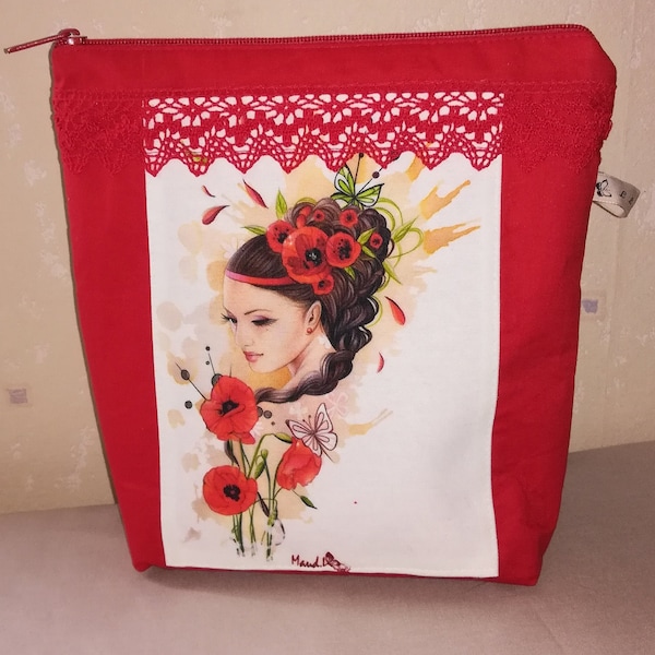 pochette tissu coton avec image femme aux coquelicot