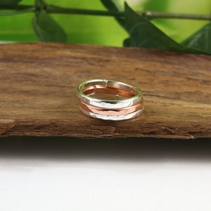 Set of 3 Rings, Textured Recycled Sterling Silver and Copper. Two Silver and 1 Copper Narrow Band Stacking Rings